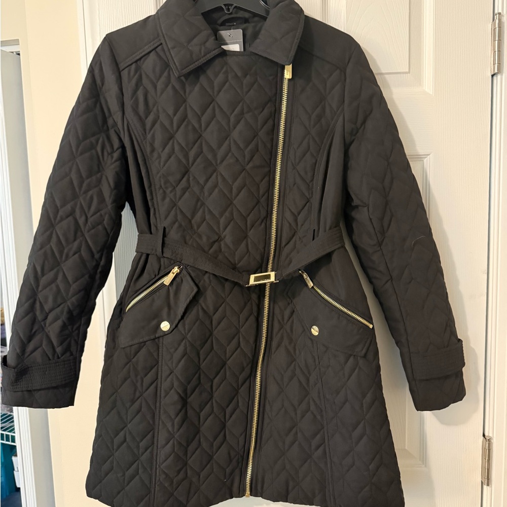 Guess Black Quilted Coat with Gold Zipper & Belt